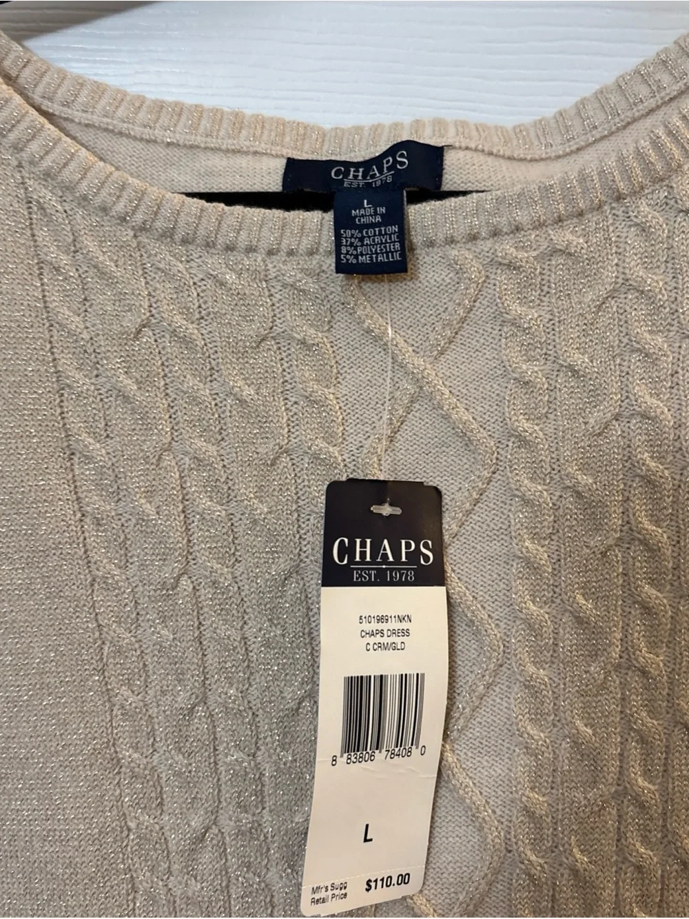 Chaps Cream Cable Knit Dress with Metallic Thread - Picture 2 of 4